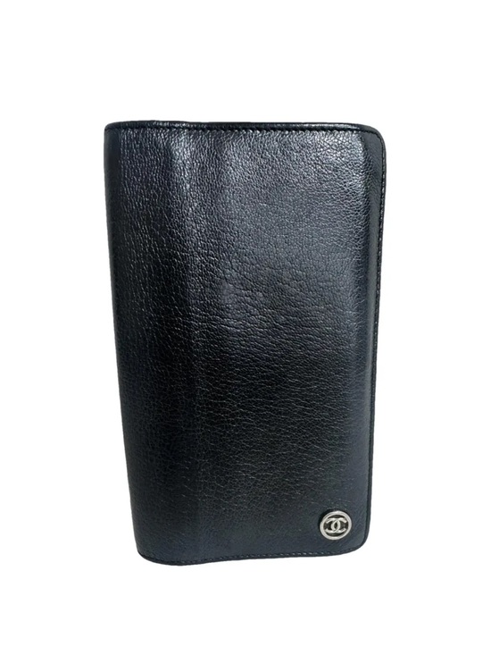 CHANEL Handbags - CHANEL Black Long Leather Wallet with Silver CC Logo